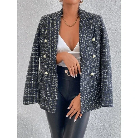 business plazacore tweed Plaid Print Double Breasted Blazer jacket - Picture 9 of 11